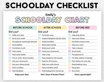 Editable Schoolday checklist for kids | Printable | Kids Chore Chart | Before School, After School, Before Bed | Kids Responsibility Chart