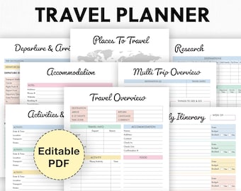 Travel Planner Printable, Digital, Editable PDF, Vacation, Holiday, Road Trip, Travel Diary, Journal, Packing List, Bucket List