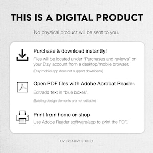 K&ouml;nnte beinhalten: Ein wei&szlig;es Informationsblatt mit schwarzem Text, das den Kauf, den Download und den Druck eines digitalen Etsy-Produkts erkl&auml;rt. Es empfiehlt die Verwendung von Adobe Acrobat Reader und erw&auml;hnt &bdquo;blaue K&auml;stchen&ldquo; zur Bearbeitung.