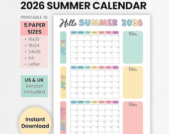 2026 Summer Calendar for Kids, Family Summer Bucket List, Summer At A Glance, Summer Wall Poster, Summer Planner Activity | Printable PDF