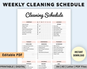 Programa de limpieza editable / Lista de limpieza imprimible / Lista de verificación de limpieza / Planificador de limpieza semanal, Lista de tareas / Tareas domésticas / PDF digital
