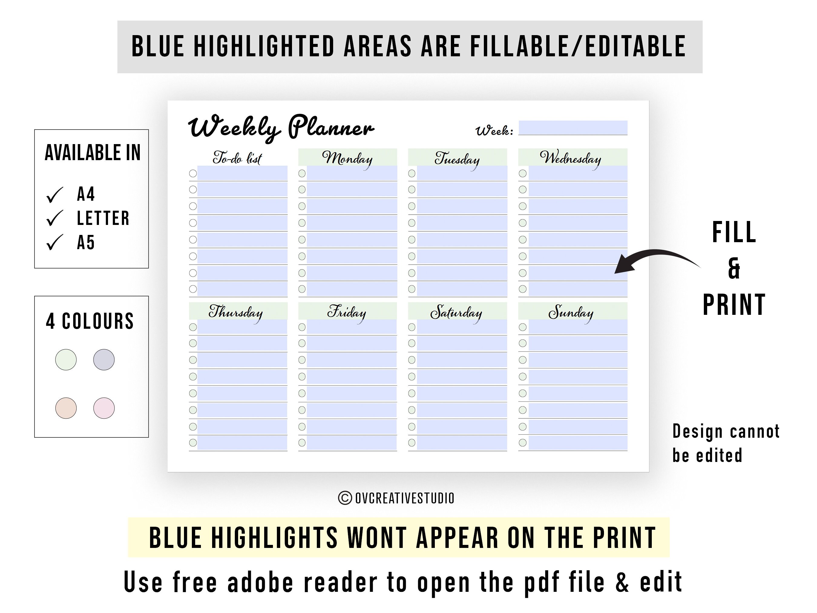 Weekly Planner - Printable, Editable PDF, Digital | to Do List ...