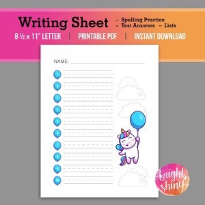 Unicorn Writing Worksheet Printable PDF