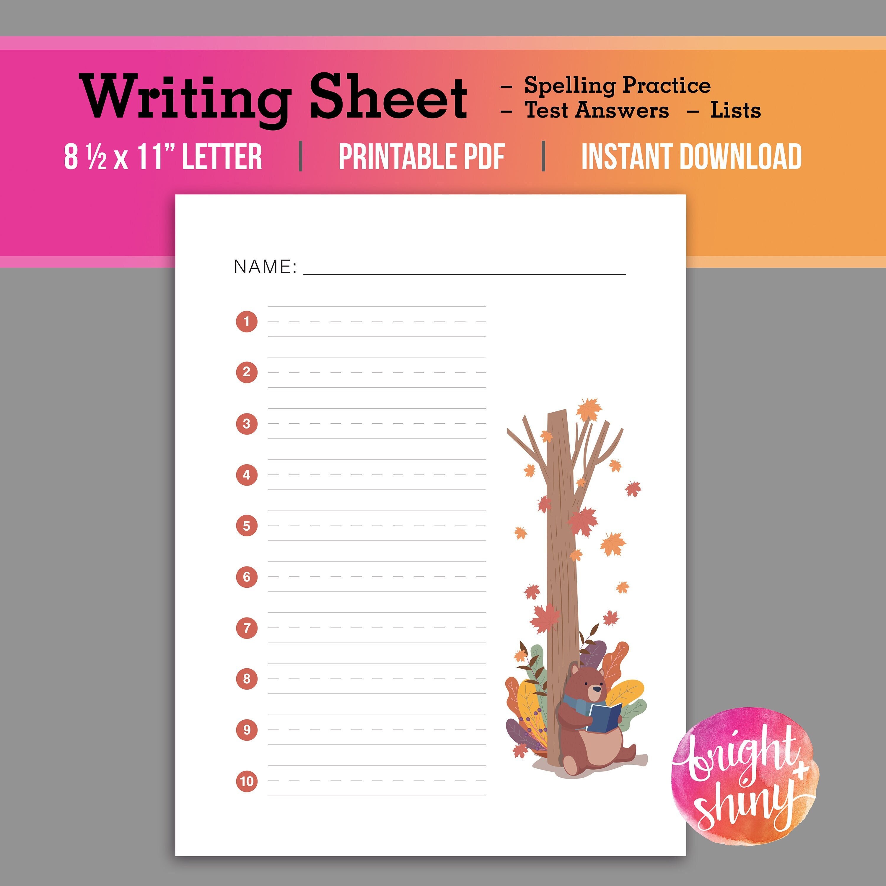 kids writing worksheet printable pdf etsy