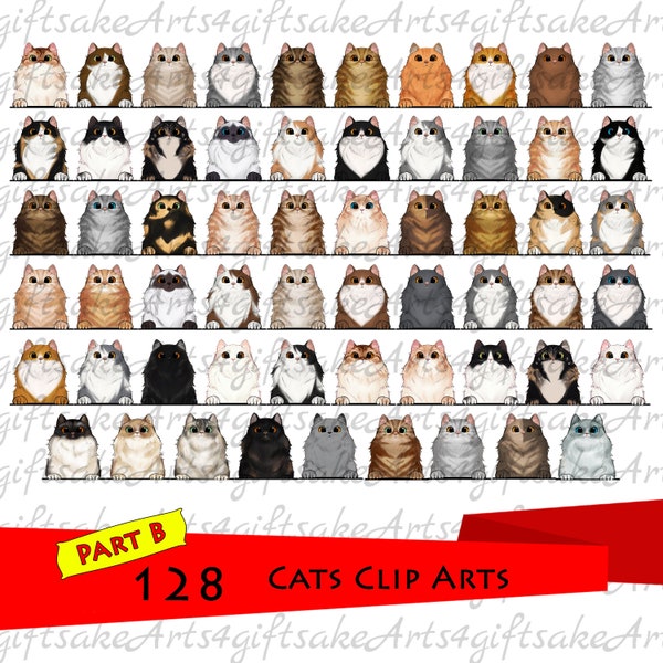 Vorne Katzen Separate PNGs Zip Clipart von süßen Haustieren Katze PNG CATS CLIPART Siamesische lange Haare Scottish Fold Katzenliebhaber Clipart Teil B anpassen