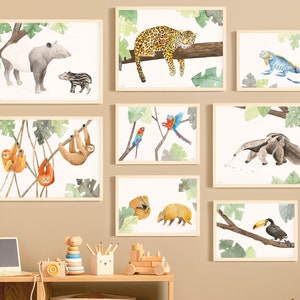 May include: A set of 10 watercolor prints featuring various jungle animals, including a sloth, toucan, anteater, armadillo, jaguar, and macaw. The prints are framed in natural wood and displayed on a wall in a child's room.