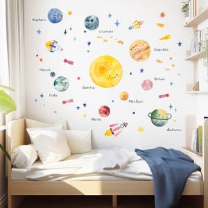 Op de afbeelding: Een set kleurrijke, geïllustreerde planeten- en sterrenwanddecals. De decals tonen de namen van de planeten in het Duits, waaronder Sonne (Zon), Erde (Aarde), Mond (Maan), Mars, Merkur (Mercurius), Venus, Jupiter, Saturnus, Uranus en Neptun.