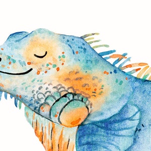 May include: Watercolor painting of a blue and orange iguana with its eyes closed. The iguana has a happy expression and is painted in a whimsical style.