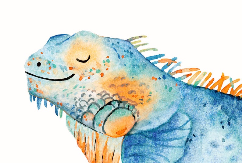 May include: Watercolor painting of a blue and orange iguana with its eyes closed. The iguana has a happy expression and is painted in a whimsical style.