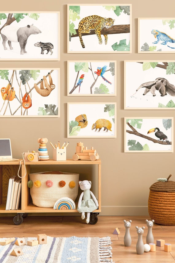 8 Dschungel Aquarellbilder fürs Kinderzimmer mit freundlichen Tieren aus Südamerika