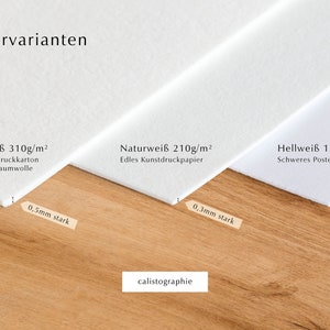 May include: Three white paper samples with different weights and thicknesses. The paper samples are labeled "Naturwei&szlig; 310g/m&sup2;", "Naturwei&szlig; 210g/m&sup2;", and "Hellwei&szlig; 180g/m&sup2;". The paper samples are arranged from left to right, with the thickest paper sample on the left and the thinnest paper sample on the right. The paper samples are on a wooden surface.