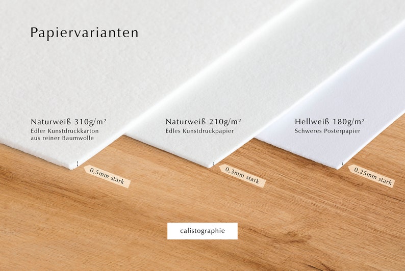 May include: Three white paper samples with different weights and thicknesses. The paper samples are labeled "Naturwei&szlig; 310g/m&sup2;", "Naturwei&szlig; 210g/m&sup2;", and "Hellwei&szlig; 180g/m&sup2;". The paper samples are arranged from left to right, with the thickest paper sample on the left and the thinnest paper sample on the right. The paper samples are on a wooden surface.