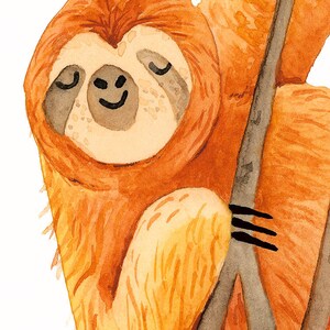 May include: A watercolor painting of a brown and orange sloth hanging from a branch. The sloth has its eyes closed and a smile on its face.