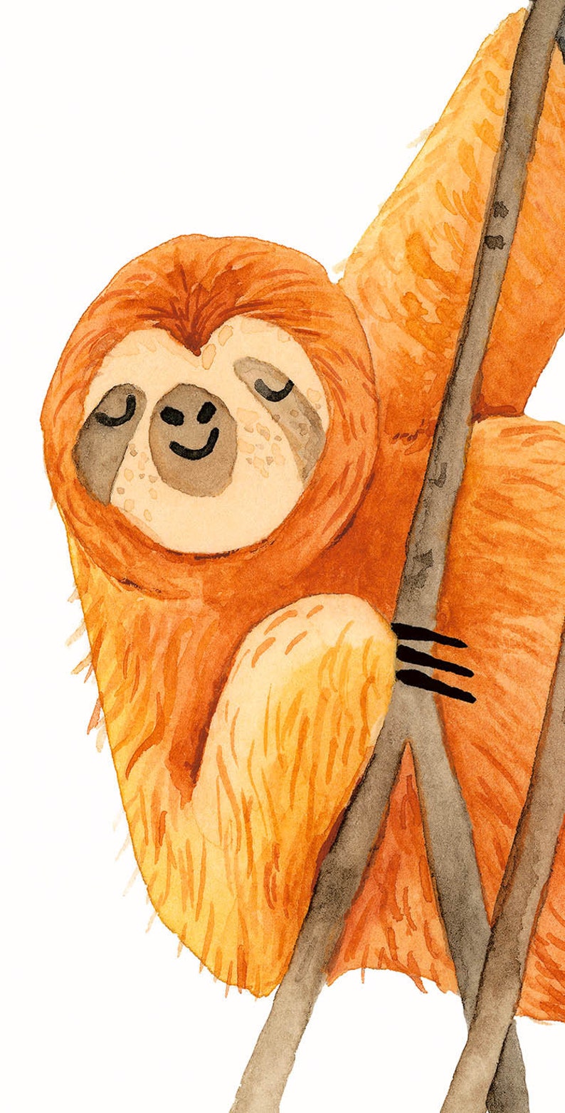 May include: A watercolor painting of a brown and orange sloth hanging from a branch. The sloth has its eyes closed and a smile on its face.