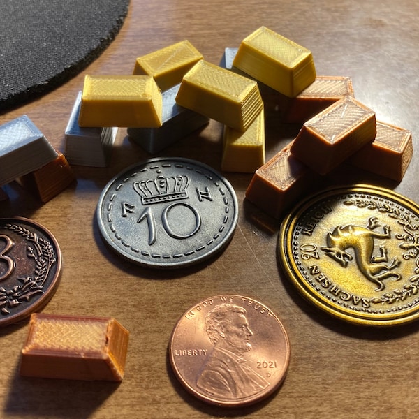 QTY 10x Ingots / Metal Bars / Resource Tokens (Gold, Silver, Iron, Aluminum, Copper, etc.) for tabletop board games (3D-printed)