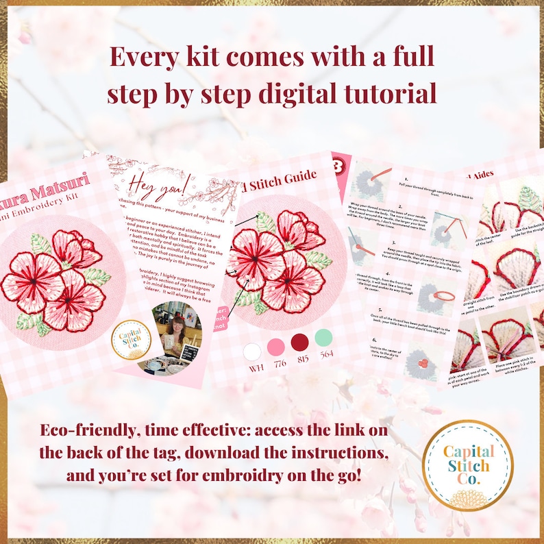 A cherry blossom mini embroidery kit with step by step diy tutorial instructions.