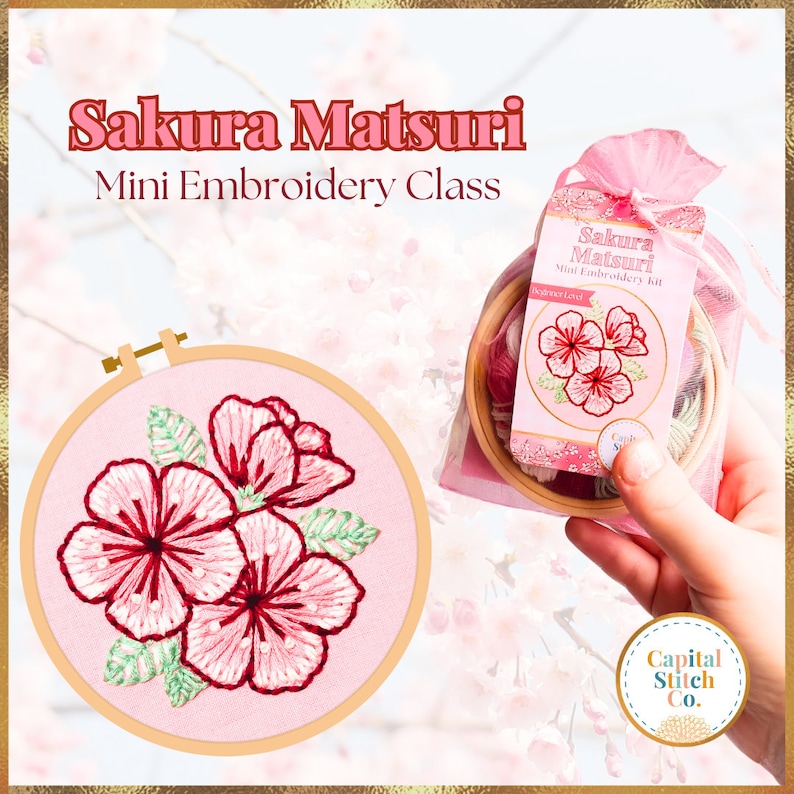 This embroidery design features cherry blossoms. It is a step by step mini embroidery kit with fully digital instructions and all of the materials needed to create the design.