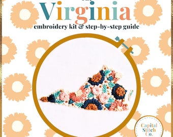 May include: Embroidered floral design of the state of Virginia in a hoop with the text "The Virginia embroidery kit & step-by-step guide" and the logo "Capital Stitch Co."