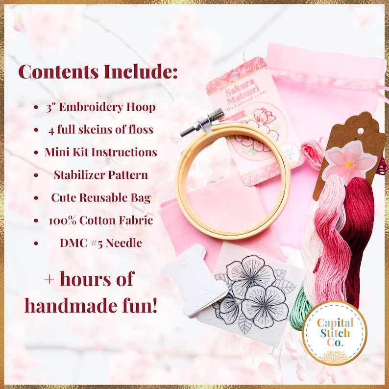 A cherry blossom mini embroidery kit with step by step diy tutorial instructions.