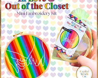 In Love/Out of The Closet DIY mini embroidery kit with tutorial guide do it yourself handmade Pride gift LGBTQ Queer fun gift for them