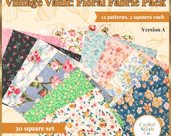 Vintage Vault Florals (Version A) Embroidery Fabric Square Packs for 4 inch, 3 inch projects Embroidery Squares 100% Cotton Embroidery