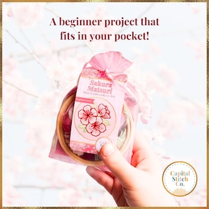 A cherry blossom mini embroidery kit with step by step diy tutorial instructions.