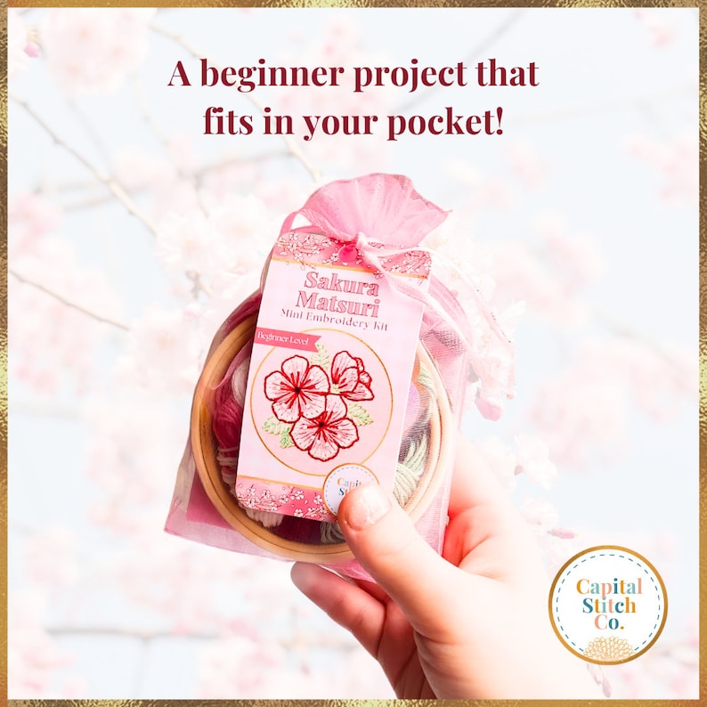 A cherry blossom mini embroidery kit with step by step diy tutorial instructions.