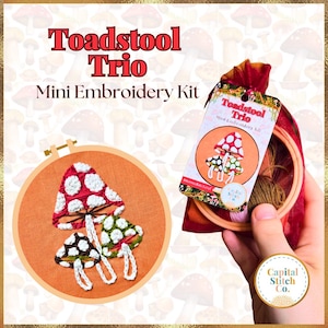 Toadstool Trio DIY mini embroidery kit with tutorial guide do it yourself handmade ornament fall autumn gifts for her mori cottagecore gifts