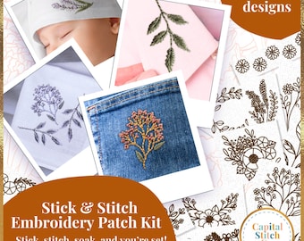 Floral Fancy Hand Embroidery Sick and Stitch Adhesive Patch Kit and Tutorial Guide Handmade DIY Do It Yourself Custom Clothing Accessory