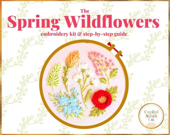 Spring Wildflowers Hand Embroidery Step by Step Kit and Tutorial Guide Handmade DIY Embroidery Kit Do It Yourself