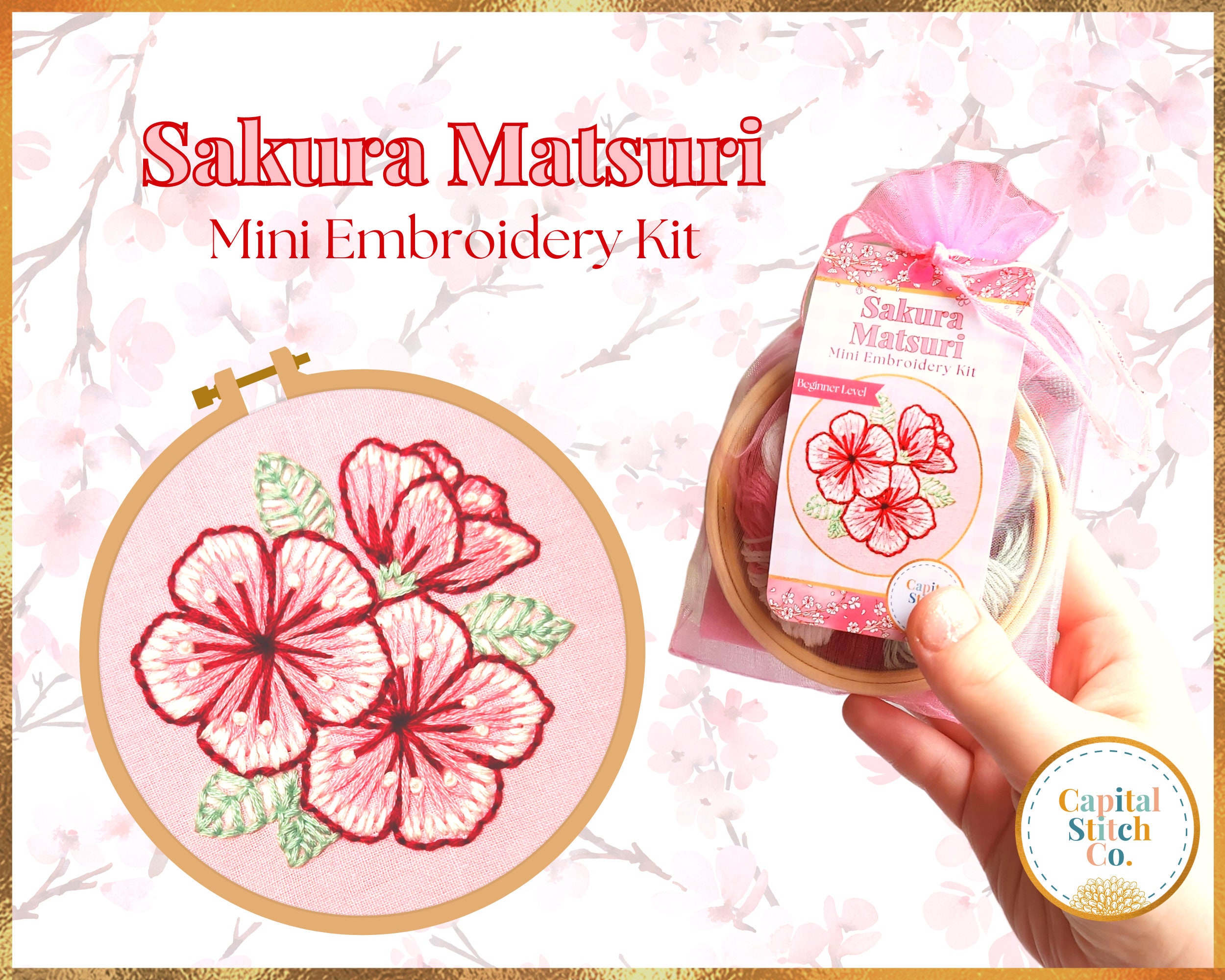 Sakura Matsuri cherry blossom hanami DIY mini embroidery kit with tutorial  guide do it yourself handmade ornament love cute gifts for her