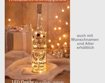 Personalisierte LED Flasche zum Geburtstag – Geschenkidee mit Namen/Alter oder Jahrgang – Dekolampe – Geburtstagsgeschenk für Frauen/Männer