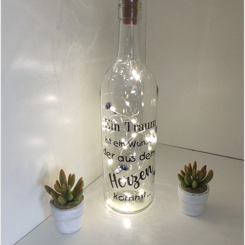 Leuchtflasche, verschiedene beleuchtete Flaschen, Flasche mit Spruch