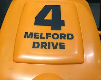 Personalised food waste caddy decal, wheelie bin sticker, number and street trash can personalisation