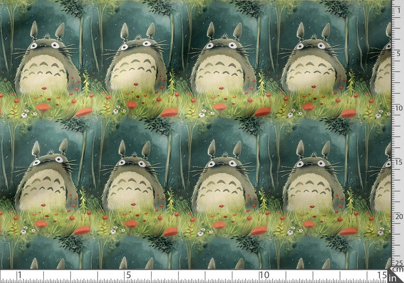 May include: A repeating pattern of fuzzy grey creatures with large eyes and ears, set against a dark blue background. The creatures are surrounded by green grass and red flowers.