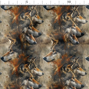 Könnte beinhalten: Ein nahtloses Muster mit einem Aquarell-Design von Wolfsköpfen in Braun-, Grau- und Weißtönen auf einem beigefarbenen Hintergrund.