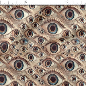 May include: A repeating pattern of numerous detailed eyes with blue irises and brown pupils. The eyes are set against a beige background, creating a textured, three-dimensional effect. The artwork has a surreal, slightly unsettling aesthetic.