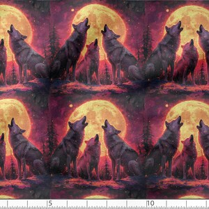 May include: A repeating pattern of three wolves howling at a full moon. The wolves are silhouetted against a dark purple sky with a bright yellow moon and stars. The background is a dark purple with a textured look.