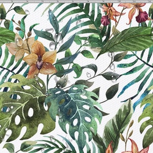 May include: A watercolour tropical floral pattern featuring green monstera leaves, ferns, and orchids in shades of orange, pink, and purple. The design includes water droplets on a white background. Suitable for fabric or wallpaper.