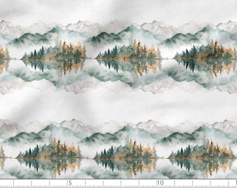 May include: Watercolor fabric featuring a repeating pattern of a serene mountain landscape. The design includes misty mountains, evergreen trees, and their reflections in a calm lake, in shades of green, brown, and gray.