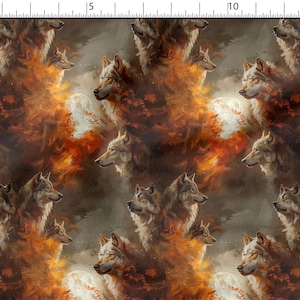 May include: A seamless pattern featuring a repeating design of wolf heads in a stylized, painterly style. The wolves are depicted in shades of brown and white against a background of orange, brown, and white, reminiscent of a forest scene.