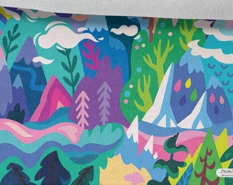 Tela de sudadera con paisaje colorido, tela de punto de algodón estirable para ropa deportiva y ropa para niños, por The 1/2 Yard