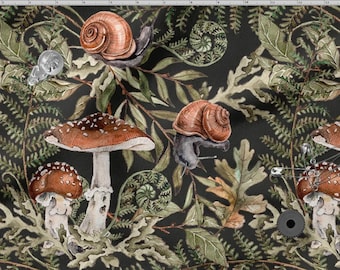 May include: A black fabric with a repeating pattern of mushrooms, snails and ferns. The mushrooms are red and white with brown stems. The snails are brown with black bodies. The ferns are green and have a variety of shapes.