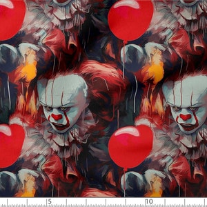 May include: A repeating pattern of a creepy clown with red hair and a white face. The clown is holding a red balloon. The background is dark and has a painted texture.