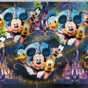 May include: A colourful fabric featuring Mickey Mouse, Donald Duck, Goofy, and Pluto in front of a nighttime view of Cinderella's Castle. The characters are smiling and have a whimsical, cartoonish style. The background is a dark blue with gold stars and purple lights.