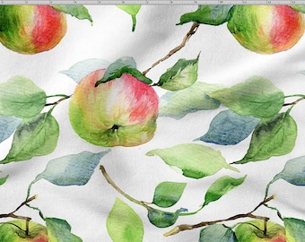 May include: Watercolor painting of green apples with red blush on a white background. The apples are on branches with green leaves.