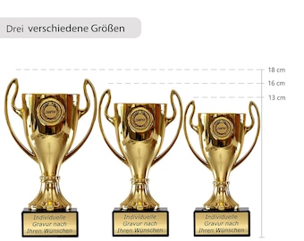 Geschenk mit Gravur | Gold Award Henkelpokal mit Gravurschild und Emblem Auswahl | 3 Größen | Trophy Geschenk Personalisiert