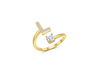 Ring Gold mit Buchstabe und Zirkonia | Zirkonia Ring mit Initialen | Verstellbarer Ring als Geschenk für Frauen | Partner Ring Gold