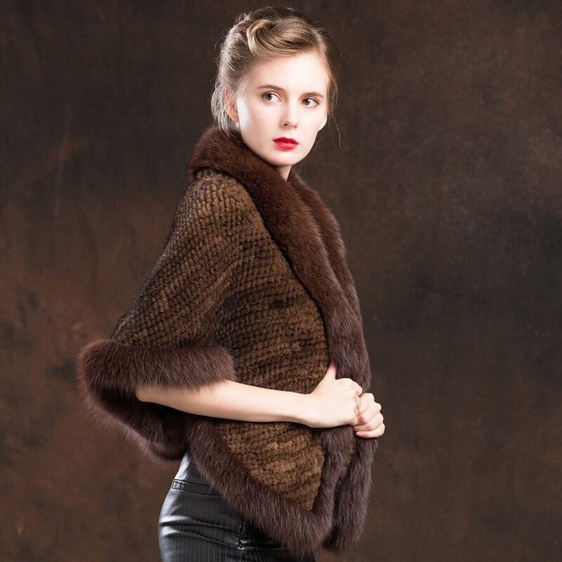 Luxury Knitted Real Mink Fur Shawls With Fox Fur Collar, Women R