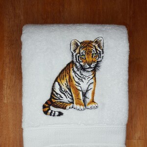 Tiger *Cub Embroidered Large White Bath Towel - Realistic Tiger Cub